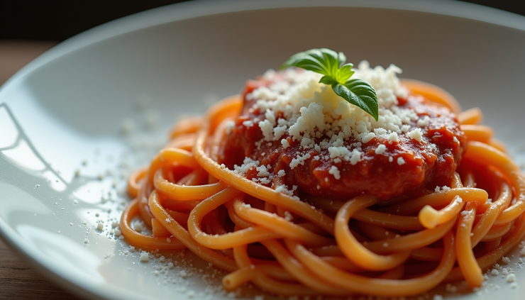 High angle view of a plate of fresh pasta topped with homemade red pasta sauce and grated Pecorino Romano cheese