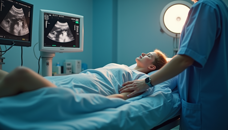 High angle view of a patient undergoing abdominal ultrasound scan
