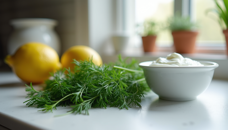 Eye-level view of fresh herbs and Greek yogurt ingredients on a kitchen counter