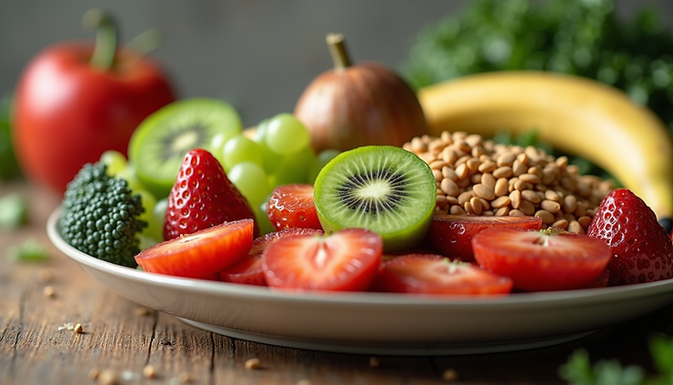 Close-up view of a healthy meal with colorful fruits and vegetables