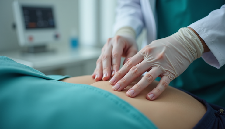 Eye-level view of a doctor examining a patient’s abdomen for masses