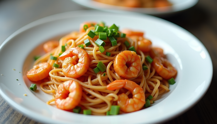 High angle view of plated spicy Asian shrimp pasta garnished with scallions