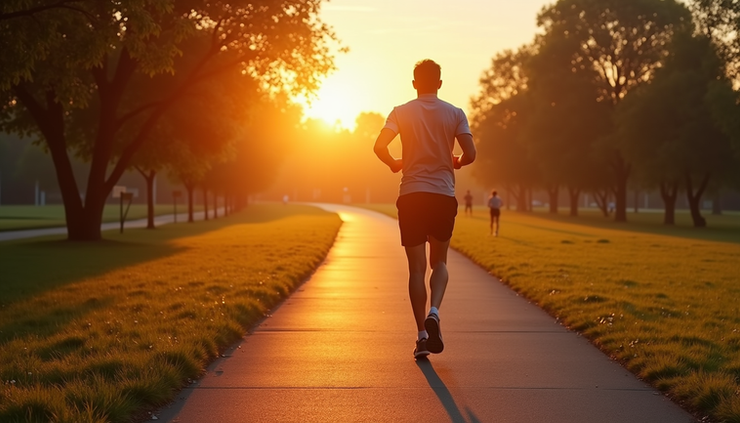 High angle view of a person jogging in a park during sunrise