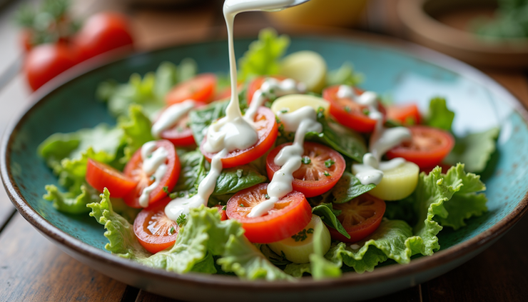 High angle view of a salad bowl with fresh vegetables and homemade ranch dressing drizzled on top