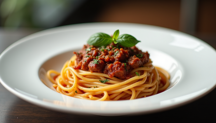 Close-up view of a plate of spaghetti with konjac noodles topped with rich meat sauce
