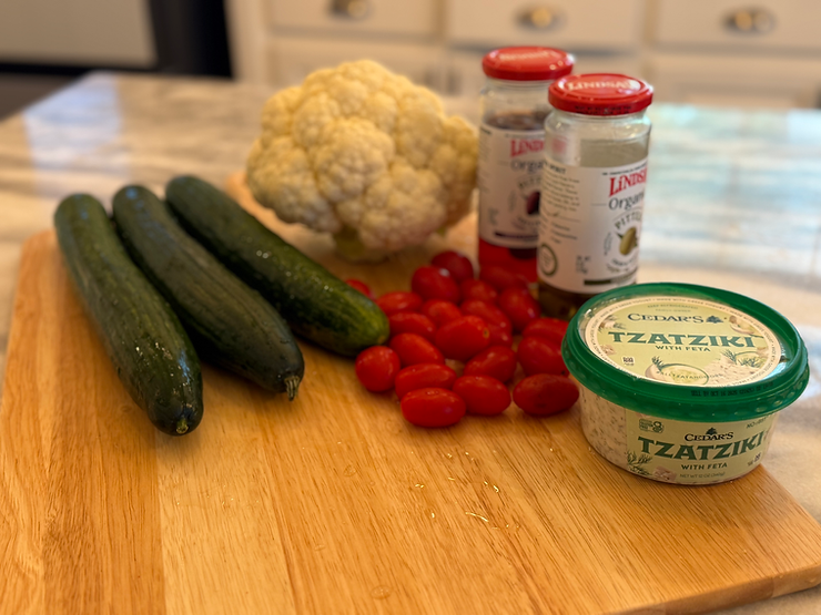 Organic cucumber, tomatoes, cauliflower, olives, tzatziki 