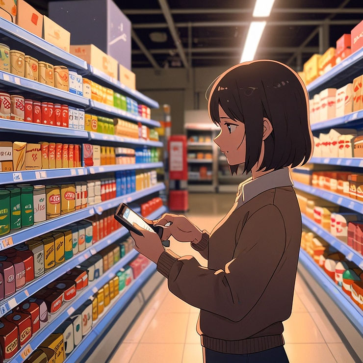 Customer at the store scanning items with YUKA app