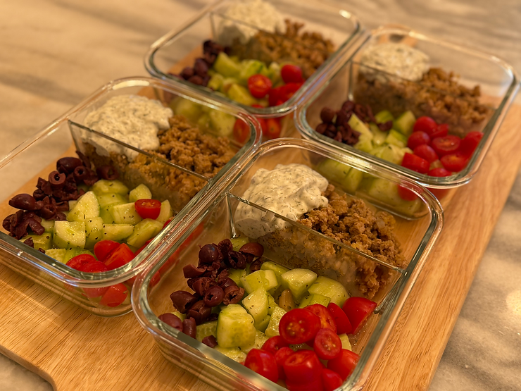 High protein, low-calorie, nutrient, dense Greek style meal prep