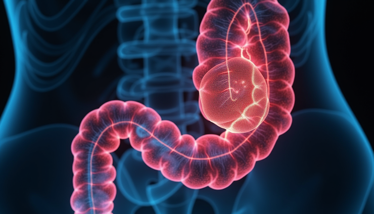 Close-up view of a medical imaging scan showing the colon